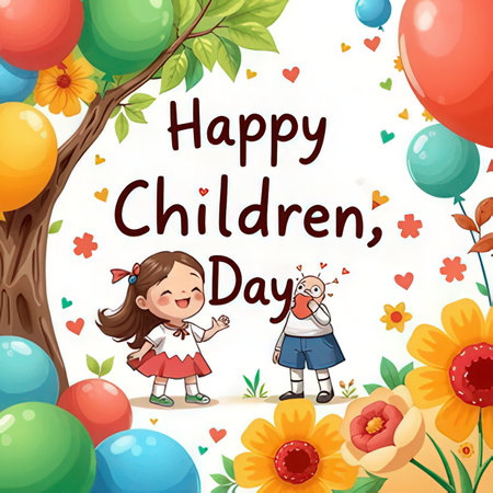 Happy children's day greeting card with cute cartoon girl and balloons illustrationの素材