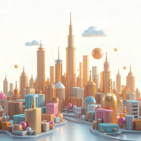 3d illustration of a futuristic city with skyscrapers and buildingsの素材