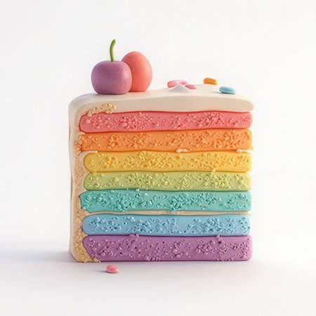 Rainbow cake with apple on white background. 3d illustration.の素材