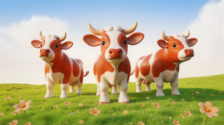 Three cows standing in a meadow with flowers, 3d renderの素材