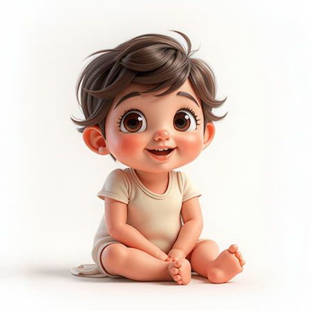 3d rendering of a cute little baby boy sitting on white backgroundの素材