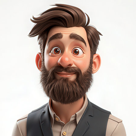 3D illustration of a funny cartoon man with a beard and mustacheの素材
