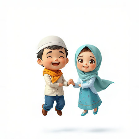 Muslim boy and girl in greeting pose, isolated on white background.の素材