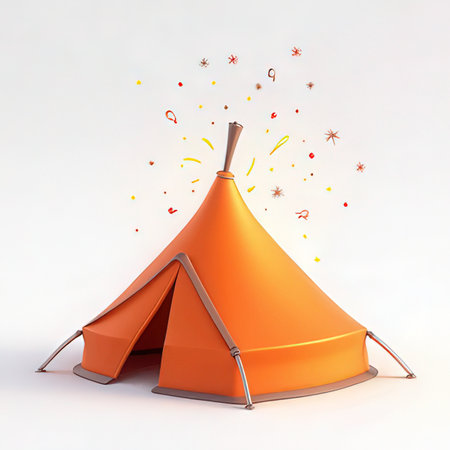 Orange tent with confetti on a white background. 3d renderingの素材