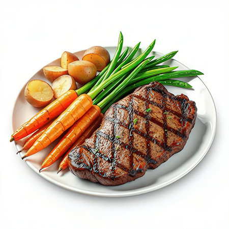 steak with vegetables on a white plate isolated on a white backgroundの素材