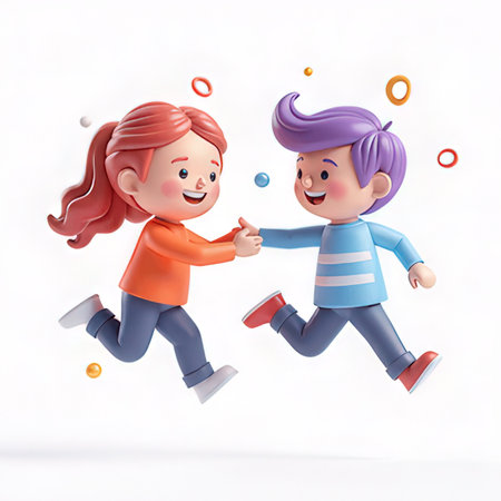 3d illustration of a cute boy and girl jumping with confettiの素材