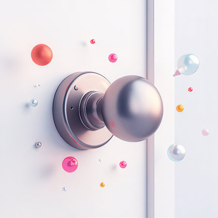 3d rendering. Metal door knob on a white wall with colorful balls.の素材