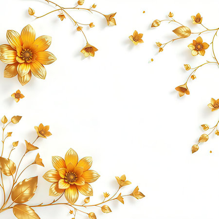 Flowers composition. Golden flowers on white background. Flat lay, top view, copy spaceの素材