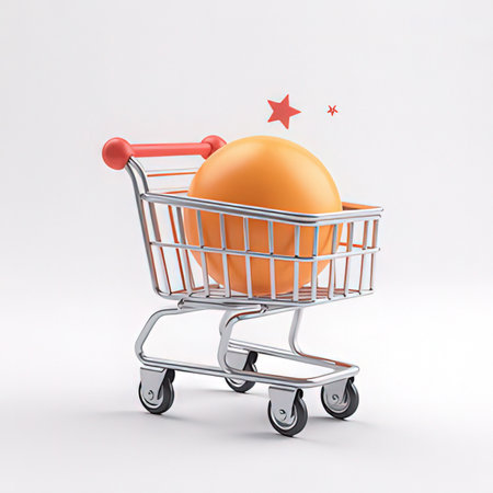 Shopping cart with orange ball on white background. 3d illustrationの素材