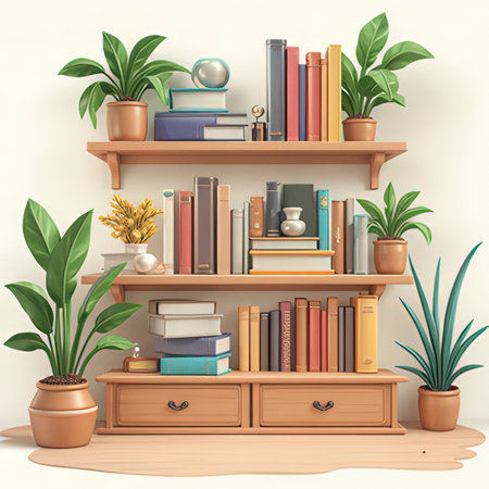Wooden bookshelf with books and plants. Vector illustration.の素材