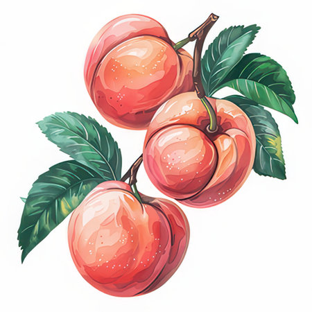 Peach branch with ripe fruits and green leaves. Vector illustration.の素材