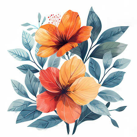 Hibiscus flowers and leaves. Hand drawn vector illustration.の素材