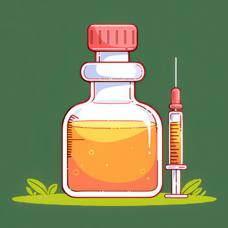 Medicine bottle and syringe on green background. Vector illustration.の素材