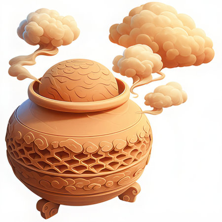 Clay pot with smoke and clouds on a white background. 3dの素材