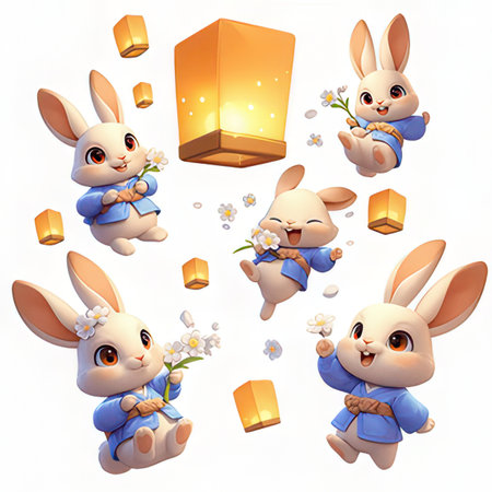 Rabbit cartoon character with chinese lanterns and gift boxes.の素材
