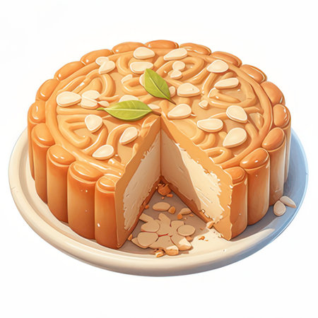 Illustration of a cake with almonds on a plate on a white backgroundの素材
