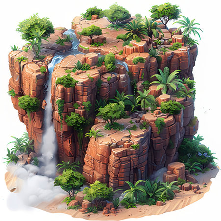 Tropical island with waterfall and palm trees. 3d renderingの素材