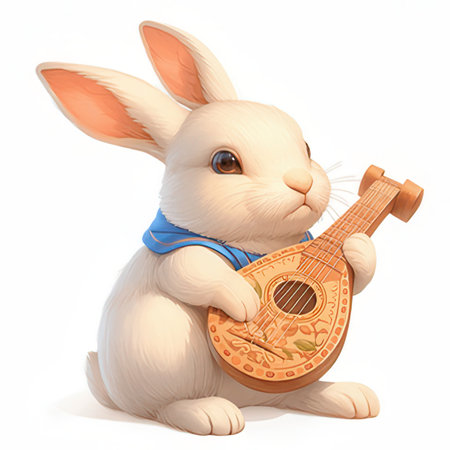 Rabbit with a musical instrument on a white background. 3d illustrationの素材