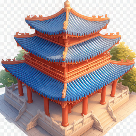 Chinese temple with blue roof isolated on transparent background. Vector illustration.の素材