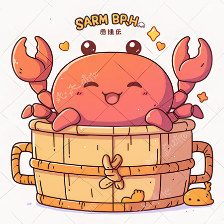 Cute cartoon crab character in a wooden bucket. Vector illustration.の素材