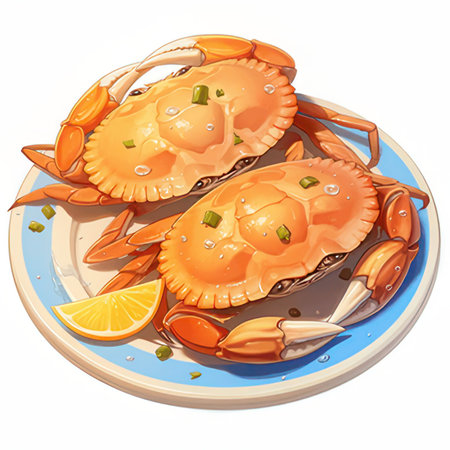 Illustration of steamed crabs on a plate on a white backgroundの素材