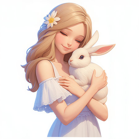 Cute little girl with white rabbit on a white background. Vector illustration.の素材