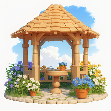 Wooden gazebo with flowers in the garden. Vector illustration.の素材