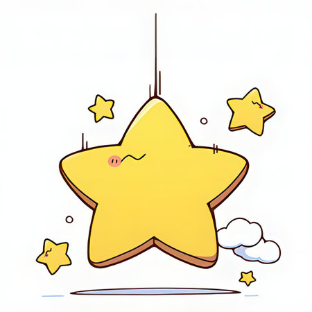 Illustration of a yellow star on a white background with clouds and starsの素材