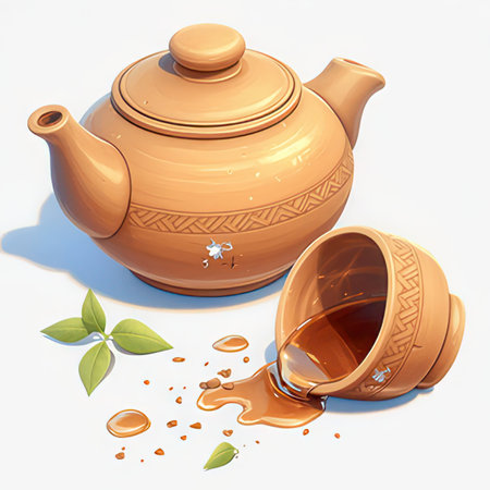 Vector illustration of clay teapot and tea leaves on white backgroundの素材