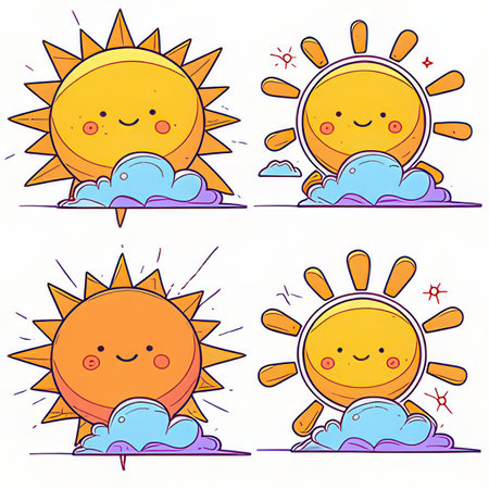 Set of cute cartoon suns with clouds. Hand drawn vector illustration.の素材