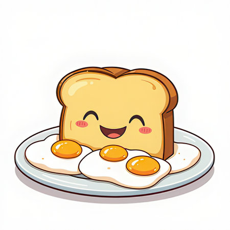 Illustration of a Smiling Toast with Fried Eggs on a Plateの素材