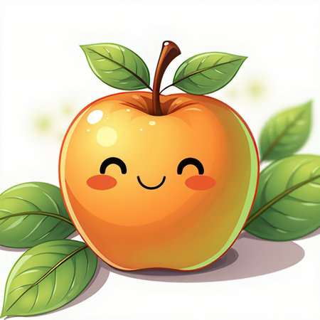 Illustration of a smiling apple with leaves on a white background.の素材