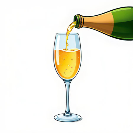 Illustration of a bottle of champagne pouring into a glass isolated on white backgroundの素材