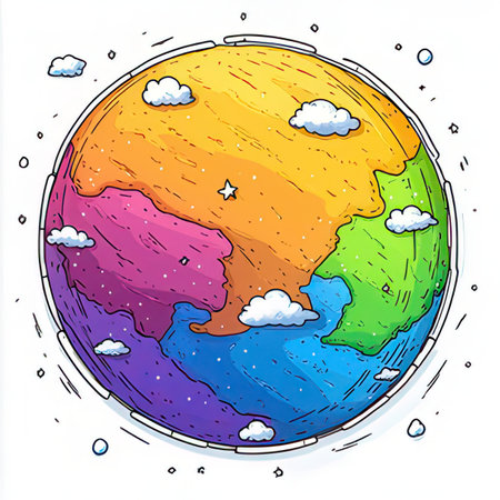 Earth with clouds and sky on white background. Vector hand drawn illustration.の素材