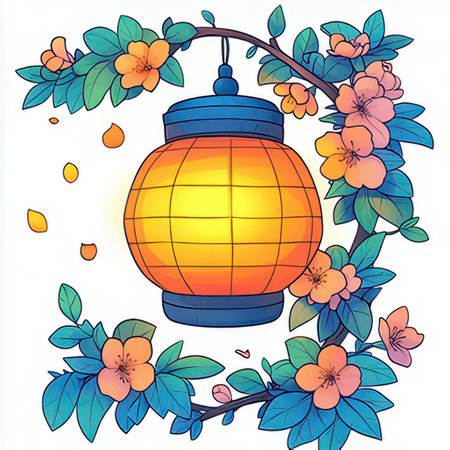 Hanging Chinese lantern with hibiscus flowers. Vector illustration.の素材