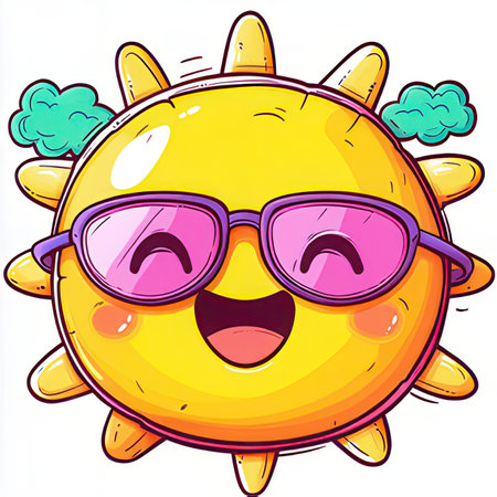 Cute Cartoon Sun Character with Sunglasses. Vector Illustration.の素材