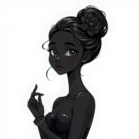 Fashion illustration of a beautiful black hair woman with flowers in her hairの素材