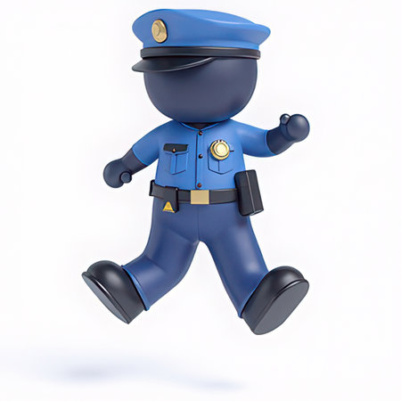 3D render of a blue police officer running isolated on white backgroundの素材