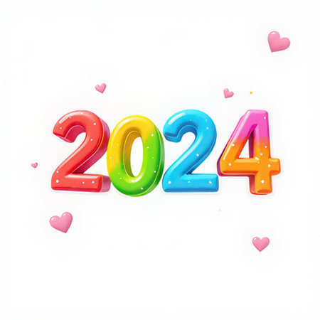 Happy new year colorful 3d rendering on white background with heartsの素材