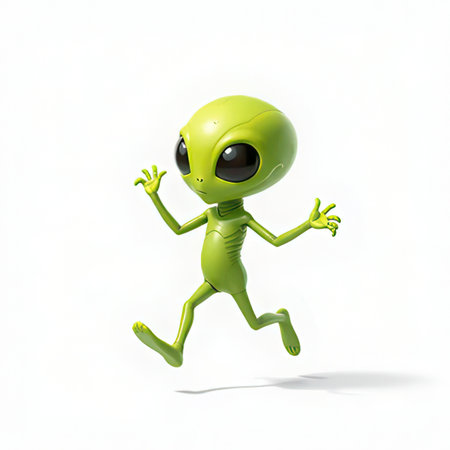 Green alien running isolated on white background. 3D illustration with clipping pathの素材
