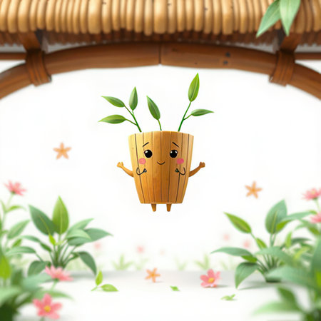 3d render of cute bamboo pot character with happy face and armsの素材