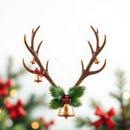 Christmas and New Year background with deer antlers and Christmas tree branches.の素材