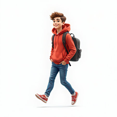 Full length portrait of a boy with a backpack running isolated on white backgroundの素材
