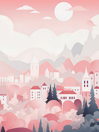 Vector illustration of a cityscape with mountains, houses and trees.の素材