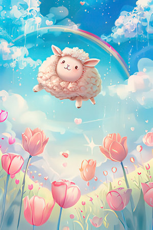 Cute sheep in the meadow with pink tulips and cloudsの素材