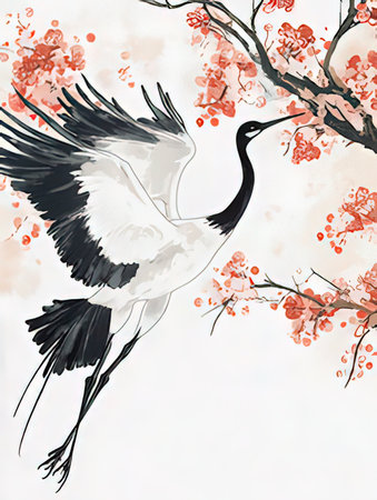 Watercolor painting of a crane on a branch of a blossoming treeの素材