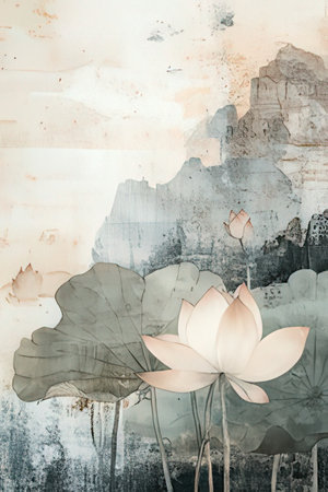 Abstract watercolor background with lotus flower and grunge texture.の素材