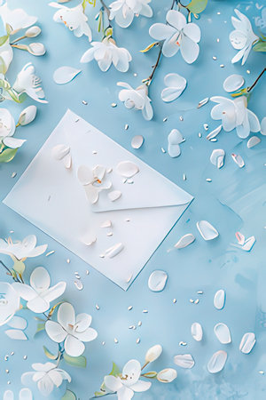 Creative flat lay top view mockup of greeting card with white flowers and petals on blue background with copy space. Template for feminine blog social mediaの素材