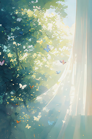 Abstract watercolor background with butterflies and green trees. Digital painting.の素材