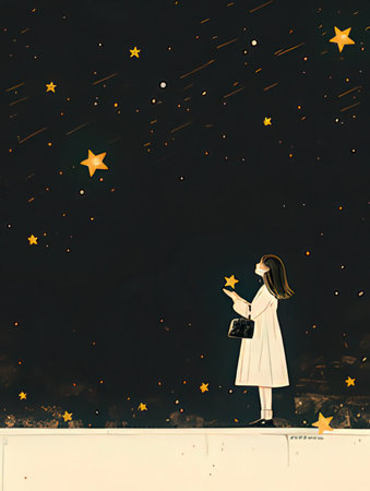 Girl in a white coat stands on the roof and looks at the starry sky.の素材